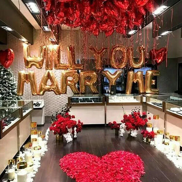 Inspiring Proposal, Heart Shaped Balloons, Rose Petals, Marry Me Balloon Set, LED Candles, Red Flowers